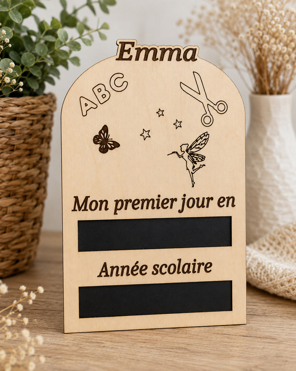 Tableau premier jour d’école personnalisé – Modèle Fée – Plaque rentrée scolaire en bois gravée
