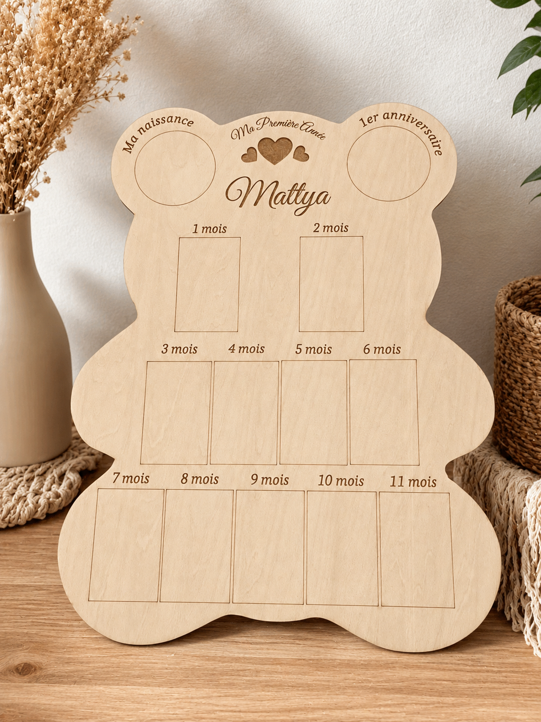 Cadre photo bébé 1ère année en bois personnalisé – Ourson prénom gravé