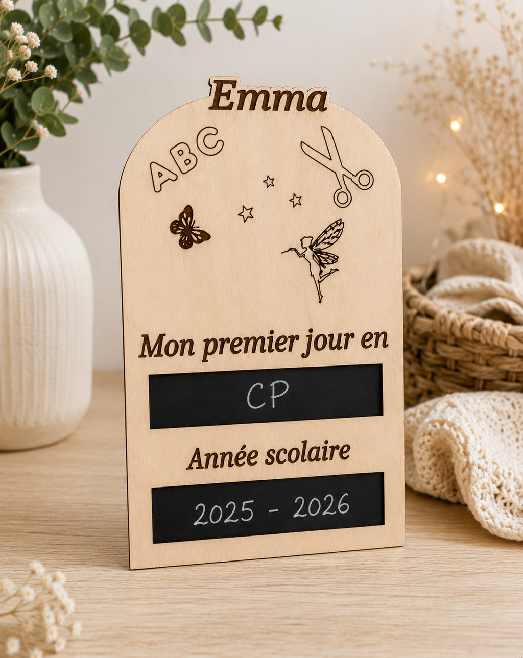 Tableau premier jour d’école personnalisé – Modèle Fée – Plaque rentrée scolaire en bois gravée