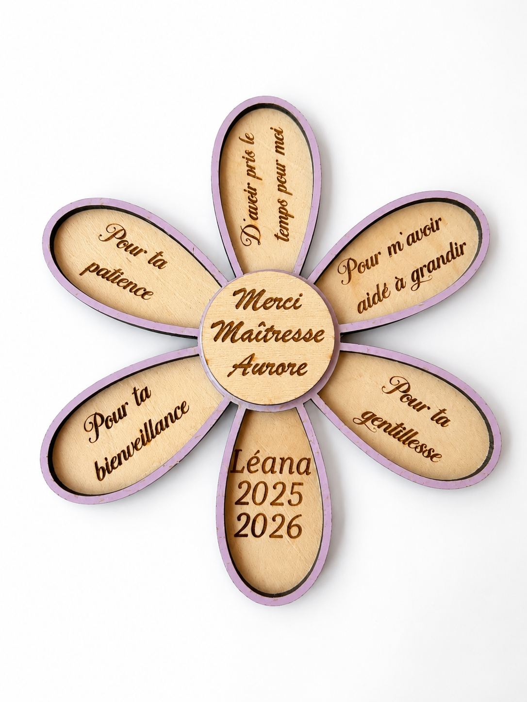 Personalised wooden flower for teacher, ATSEM or childminder