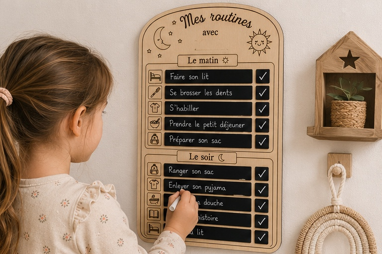 Tableau de routine Montessori personnalisé en bois – Planning matin et soir réutilisable – 40 × 28 cm