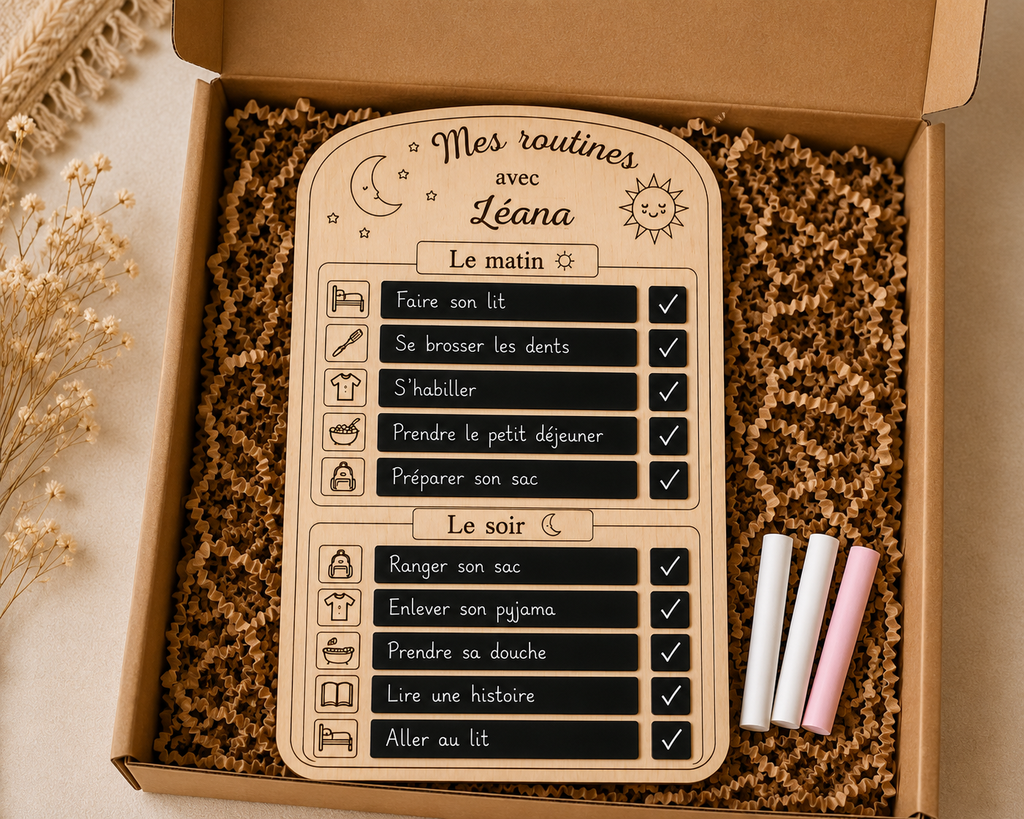 Tableau de routine Montessori personnalisé en bois – Planning matin et soir réutilisable – 40 × 28 cm