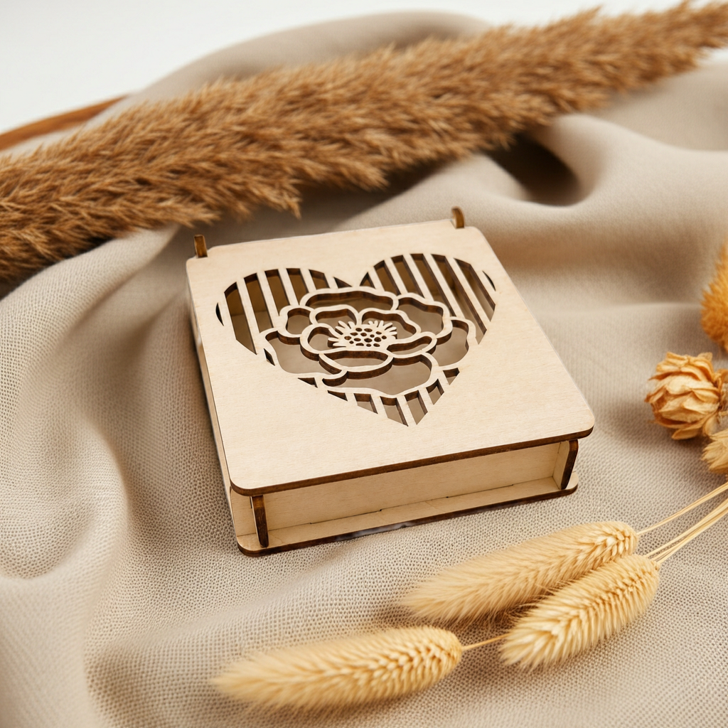 Boîte à alliances en bois cœur fleuri – Décoration mariage bohème personnalisée
